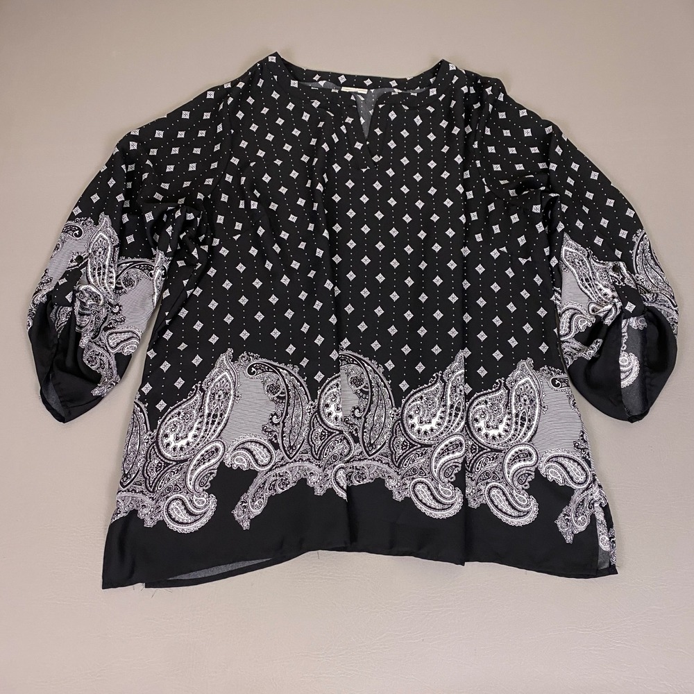 Avenue Tunic Blouse Women's Plus 26/28 Black White Paisley Border Split V-Neck